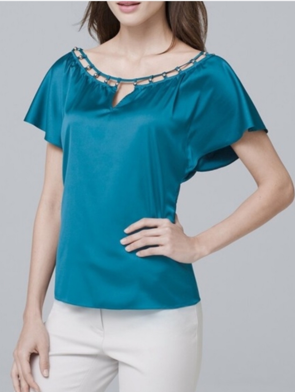 NWT WHBM Satin Beaded Caged Neckline Flutter Sleeve Top Jeweltone Teal Size LP